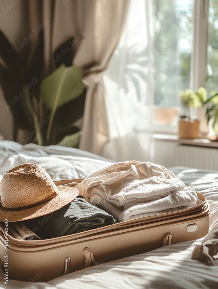 Packing Suitcase with Clothes and Straw Hat for Summer Vacation Getaway