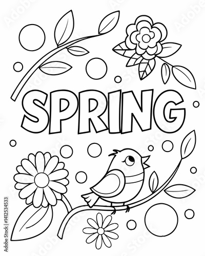 Spring Coloring Page with Flowers, Bird, and Leaves for Kids and Adults