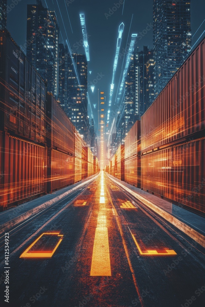 Naklejka premium Perspective Rows Shipping Containers Urban Cityscape Night Futuristic Road Glowing Digital Network Data Flow