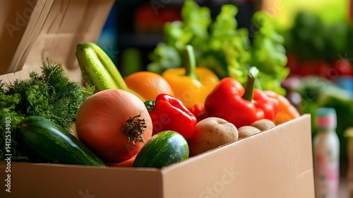 Fresh vegetables and fruits in a cardboard box healthy eating concept.