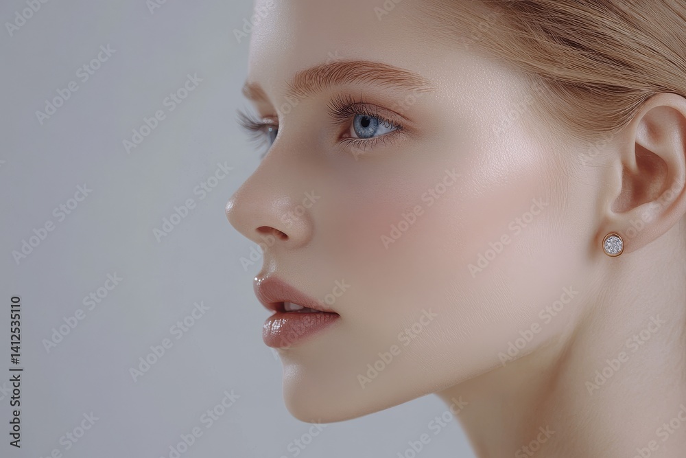 A young and beautiful girl without makeup poses alone in front of a camera on a grey studio background A young and beautiful girl without makeup poses alone in front of a camera on a grey studio background
