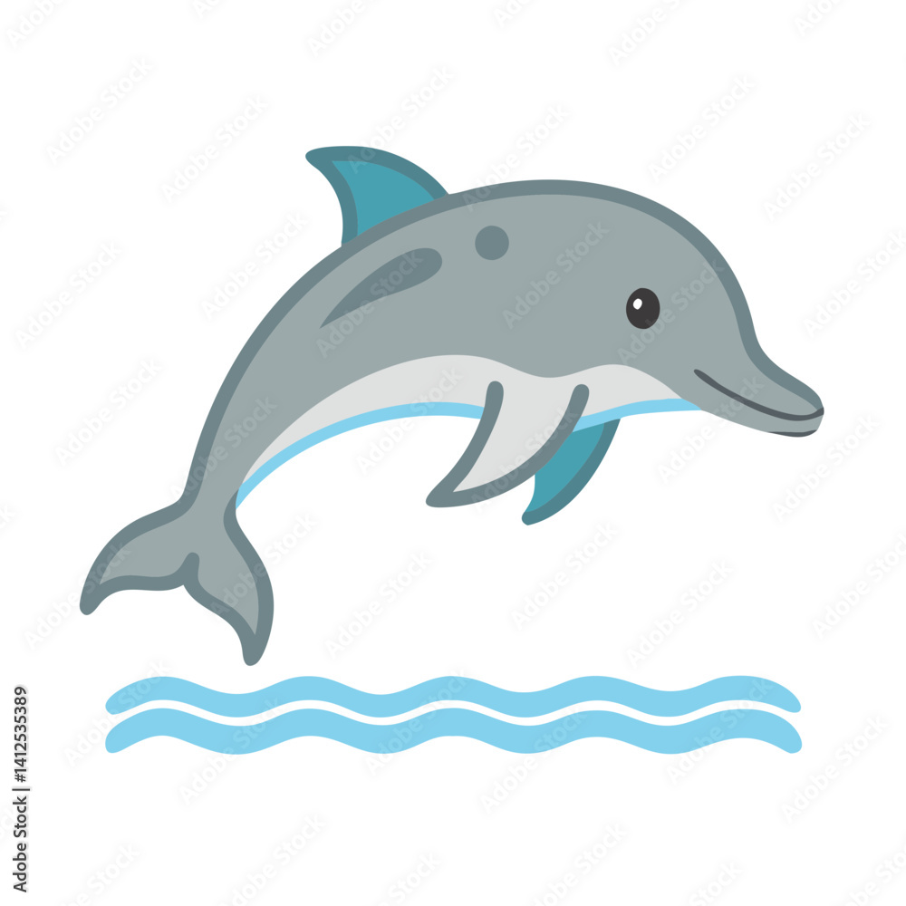 Fototapeta premium Cute cartoon dolphin leaping over ocean waves isolated