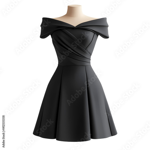 Elegant black dress with off-shoulder design, perfect for formal occasions.