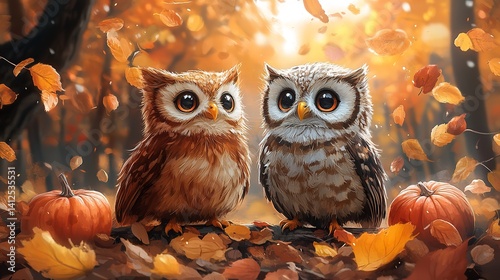 Adorable baby owls nestled amidst autumn leaves pumpkins soft light warm tones whimsical fall scene
