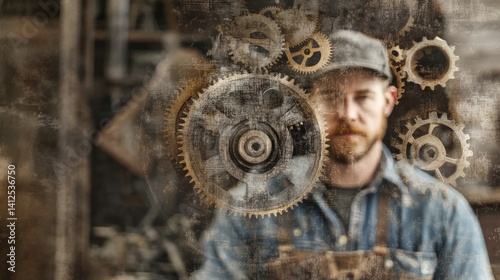 Double exposure of a mechanic with gears and workshop tools, metal textures, centered space for text overlay