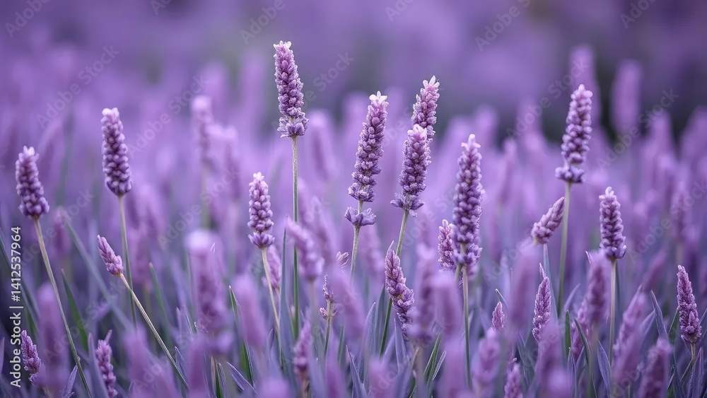 Fototapeta premium Delicate lavender stems rising from a velvety purple grass, grass, textures