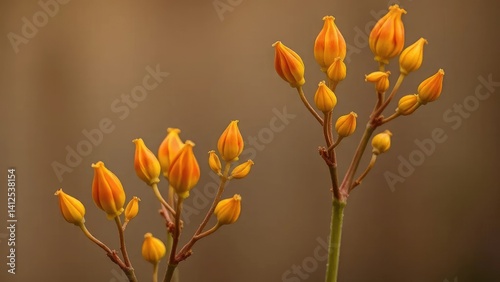 Delicate orange-yellow buds unfolding on milkweed stems, flower buds, botanicals photo