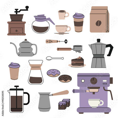 Flat illustration set of coffee making essentials grinder, espresso machine, moka pot, French press, pour over gear, cups, beans, sweets, and accessories. Great for coffee shop, barista, or cafe