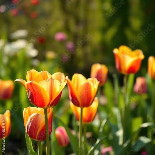 delicate tulip stems swaying freely in warm air, petals, natural, garden