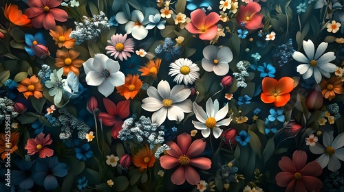 Vibrant floral backdrop, blooming flowers, dark background, spring design
