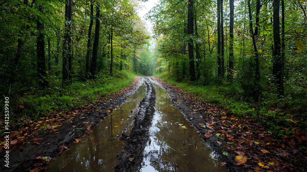 Obraz premium Autumn Forest Path With Muddy Trail