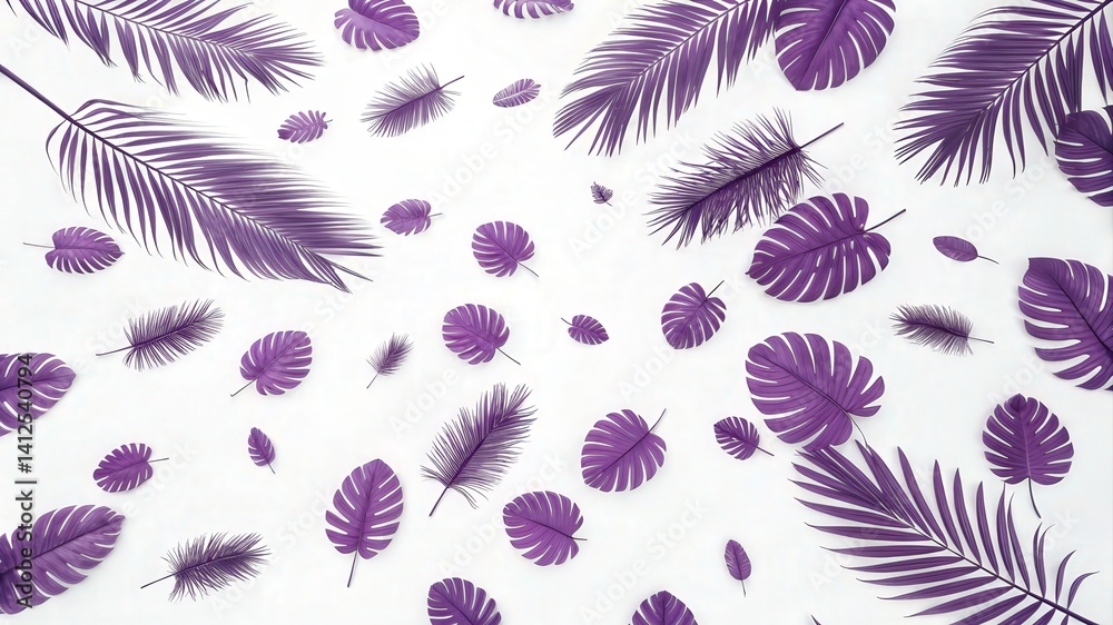 A vibrant pattern featuring purple palm leaves scattered against a light background, creating a lively, tropical aesthetic. A vibrant pattern featuring purple palm leaves scattered against a light background, creating a lively, tropical aesthetic.