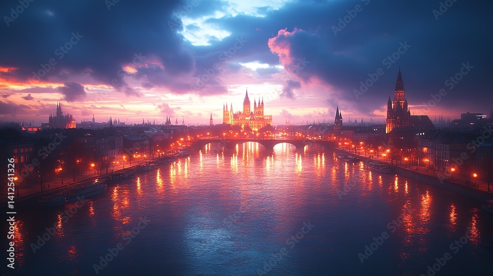 Magical sunset over river castle city lights reflecting romantic dreamy evening warm glow