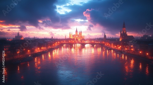 Obraz na płótnie Magical sunset over river castle city lights reflecting romantic dreamy evening warm glow w salonie