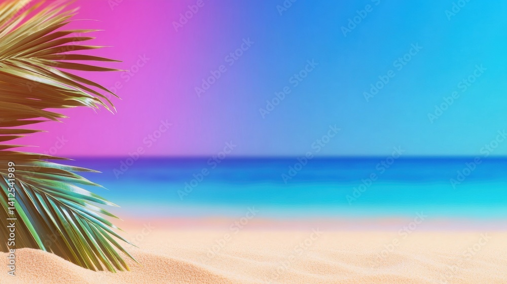 Obraz premium Soft sand meets vibrant ocean waves under a bright blue sky with colorful hues, inviting relaxation and a sense of peace