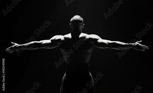 Rearward view of a young male with arms held out to the sides