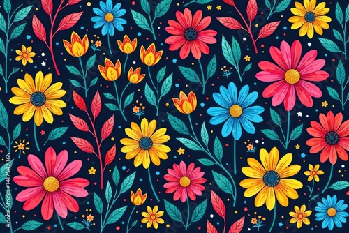 Intricate line art wildflowers in a vibrant, repeating pattern , design, plant, daisy