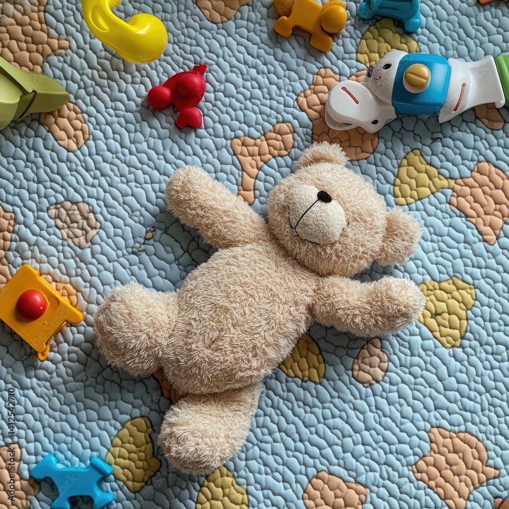 A teddy bear lying face down on a playmat with scattered toys.