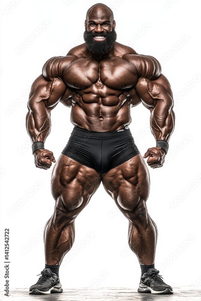 In a full-length portrait, a solitary bodybuilder stands out against a stark white background In a full-length portrait, a solitary bodybuilder stands out against a stark white background