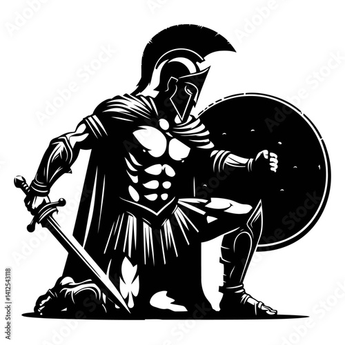 Vector illustration of a Spartan warrior silhouette holding a shield in a defensive stance. Strong posture, perfect for historical or battle-themed designs.