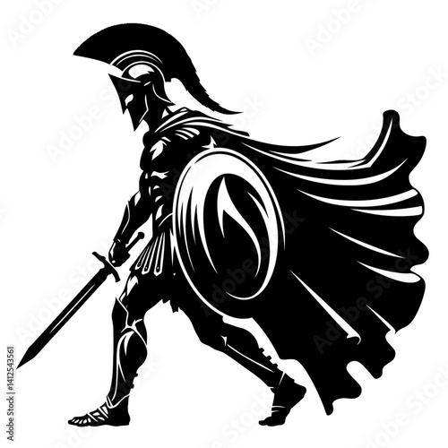 Vector silhouette of a Spartan soldier marching forward, symbolizing determination and purpose. Great for battle and motivational themes.
