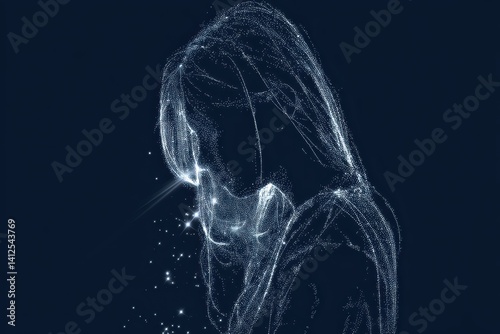 Glowing dot figure in deep blue void, abstract futuristic digital art with particle effects..