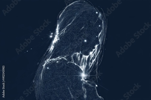 Glowing dot figure in deep blue void, abstract futuristic digital art with particle effects..