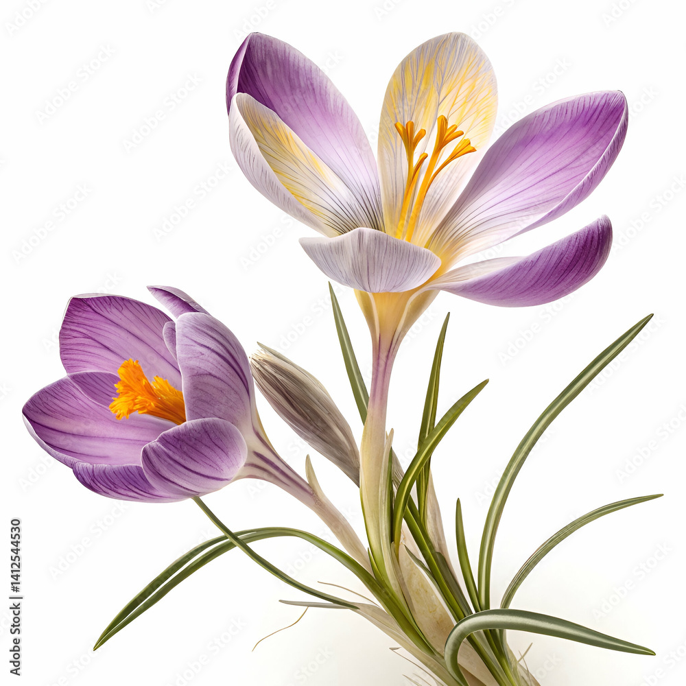 Naklejka premium Crocus 3D rendered flower elegantly isolated on a white background with vivid purple hues and intricate textures 