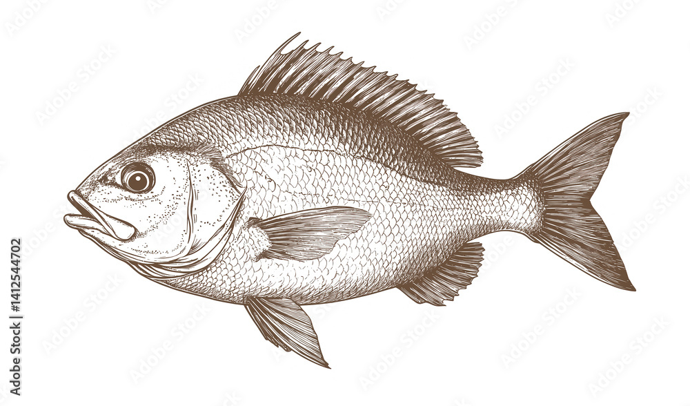 Obraz premium Fish sketch dorado gilt-head bream. Vintage retro print, black white gilt-head bream fish sketch ink pencil style drawing, linear drawing, engrave old school. Sketch artwork dorado fish. Illustration
