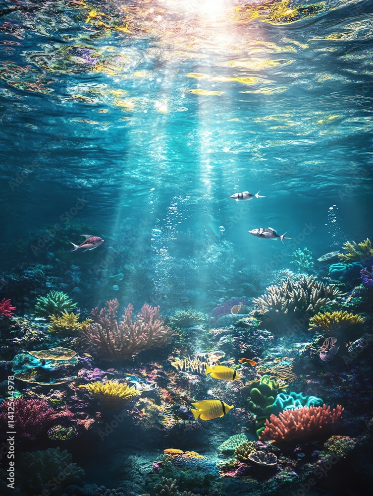 Naklejka premium Underwater Scene with Coral Reef and Sunlight Shining Through the Water