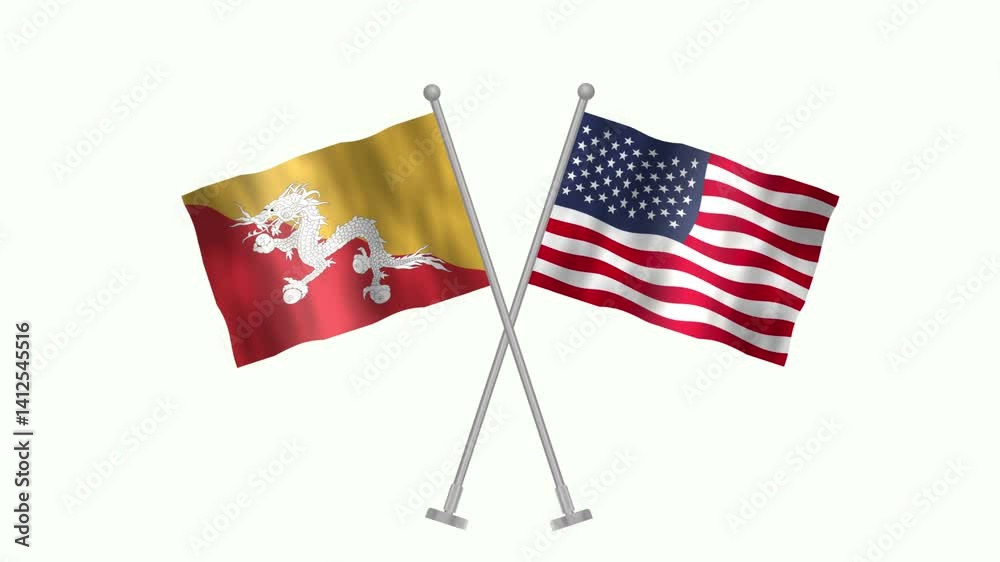 Flag of Bhutan and USA, Cross table flag of Bhutan and USA on white screen, Bhutan and USA 3D Animation flag waving in the wind isolated on white Background. 
