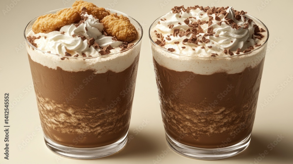 Two glasses of decadent, layered chocolate beverages topped with whipped cream and chocolate chips, garnished with crunchy cookies