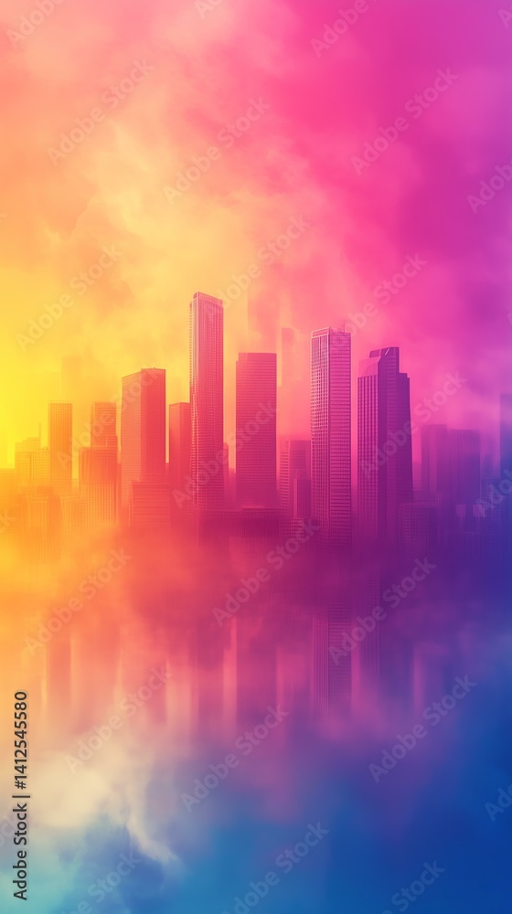 Fototapeta premium A stunning skyline silhouette against a colorful, dreamy sky with reflections in calm water during sunset.