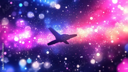 A dark spacecraft traveling through a colorful and vibrant galaxy