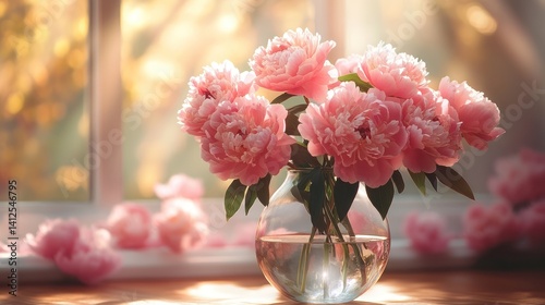 Fototapeta Naklejka Na Ścianę i Meble -  Pink peonies bouquet window light