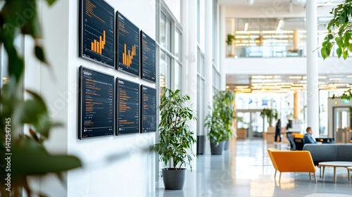 Corporate analytics room filled with natural light and large vertical data monitors showing shipping KPIs, operational control, minimal modern design, tracking dashboards