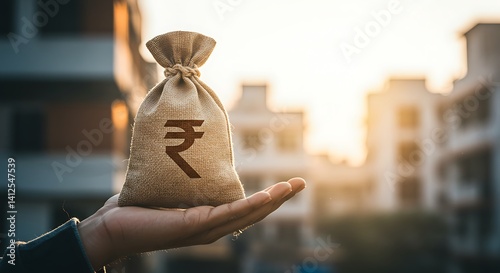 Hand holding a bag of money, symbol of Indian currency, with city background - financial concept - business publication