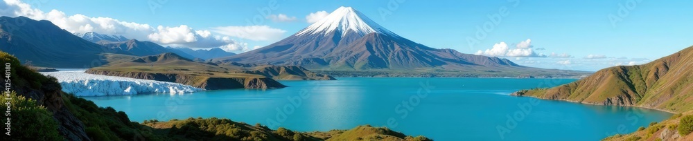 Snow-capped volcano overlooking serene Andean laguna with glacier, Andes, green, mountain Snow-capped volcano overlooking serene Andean laguna with glacier, Andes, green, mountain
