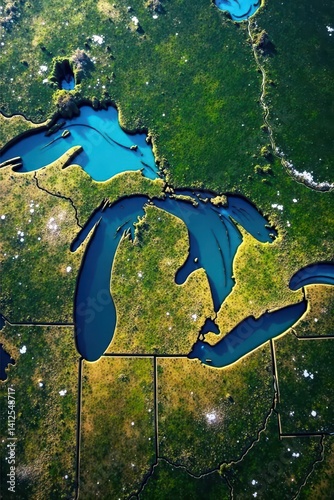 Aerial view of Great Lakes & surrounding states, borders, lake erie, aerial