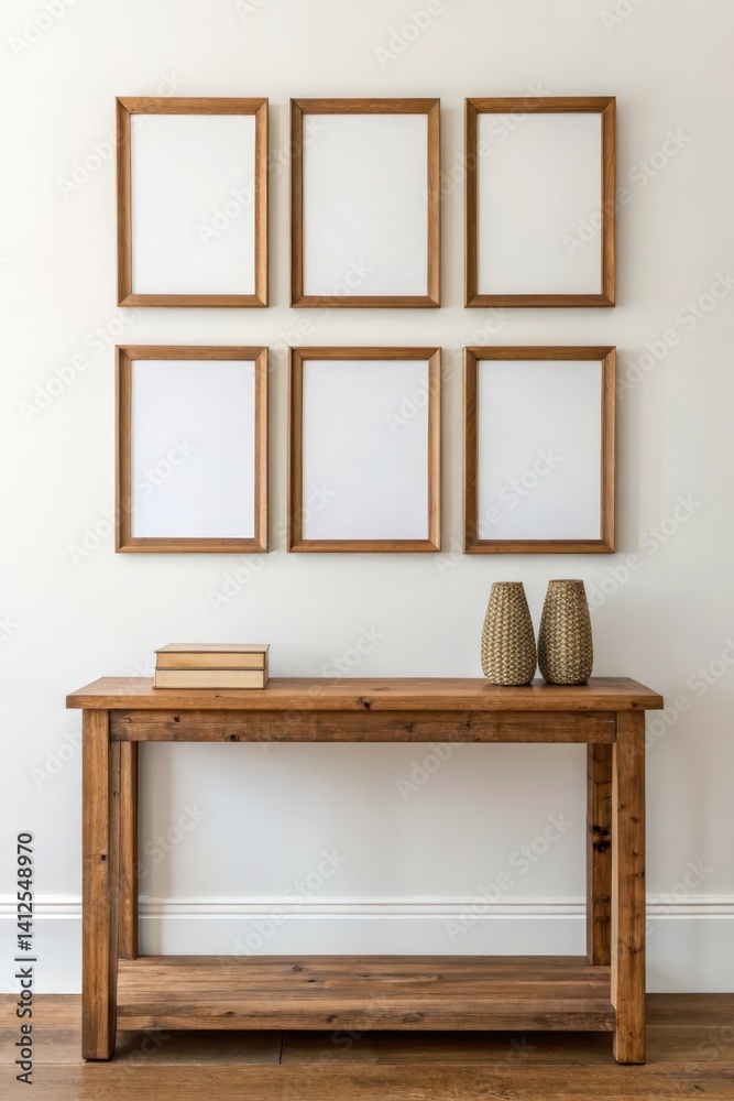Fototapeta premium Wooden console table with empty frames on a wall, stylish decor., Sustainable Furniture concept