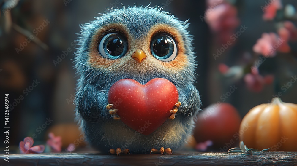 Adorable fluffy owlet holding a heart autumn scene soft lighting blurry background