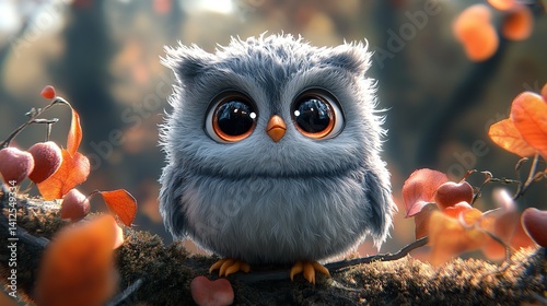 Obraz na płótnie Adorable fluffy baby owl perched on autumn branch large eyes soft lighting blurred background w salonie