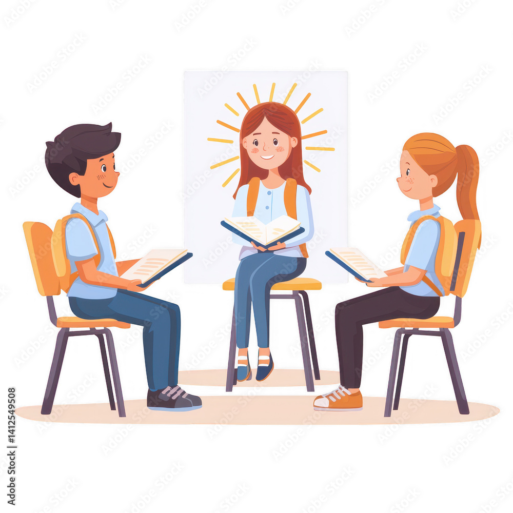 A group of three diverse individuals sitting in a circle, engaging in a discussion with books in hand, set against a bright, cheerful background. A group of three diverse individuals sitting in a circle, engaging in a discussion with books in hand, set against a bright, cheerful background.