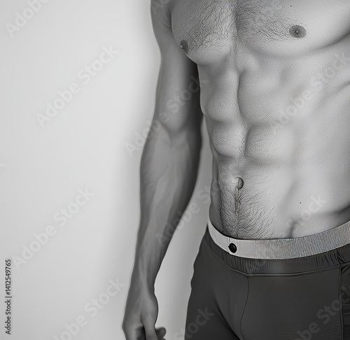 A strong bodybuilder is showcased with a close-up of their perfectly chiseled abs and six pack