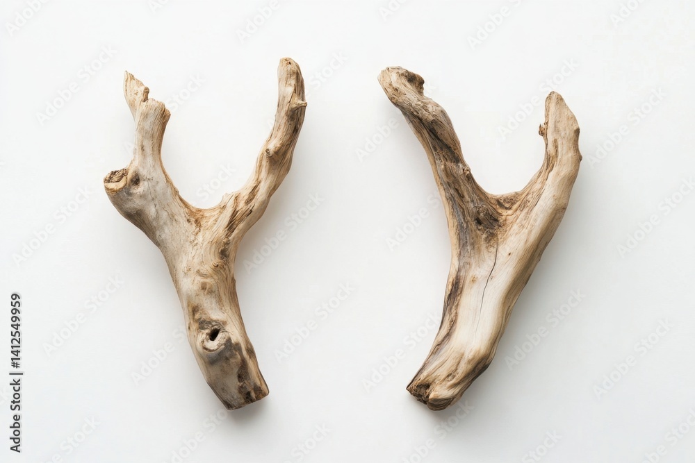 Fototapeta premium Natural Driftwood Art Pieces on White Background for Decor