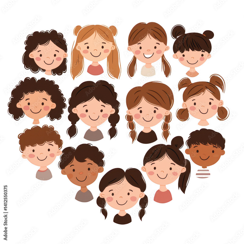 A heart-shaped collage of diverse children's faces, showcasing various hairstyles and expressions, ideal for educational or children's projects. A heart-shaped collage of diverse children's faces, showcasing various hairstyles and expressions, ideal for educational or children's projects.
