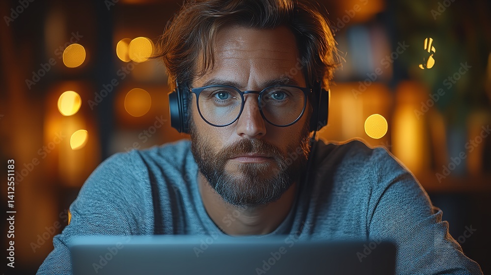 Focused man with headphones working late warm lighting blurry background laptop screen