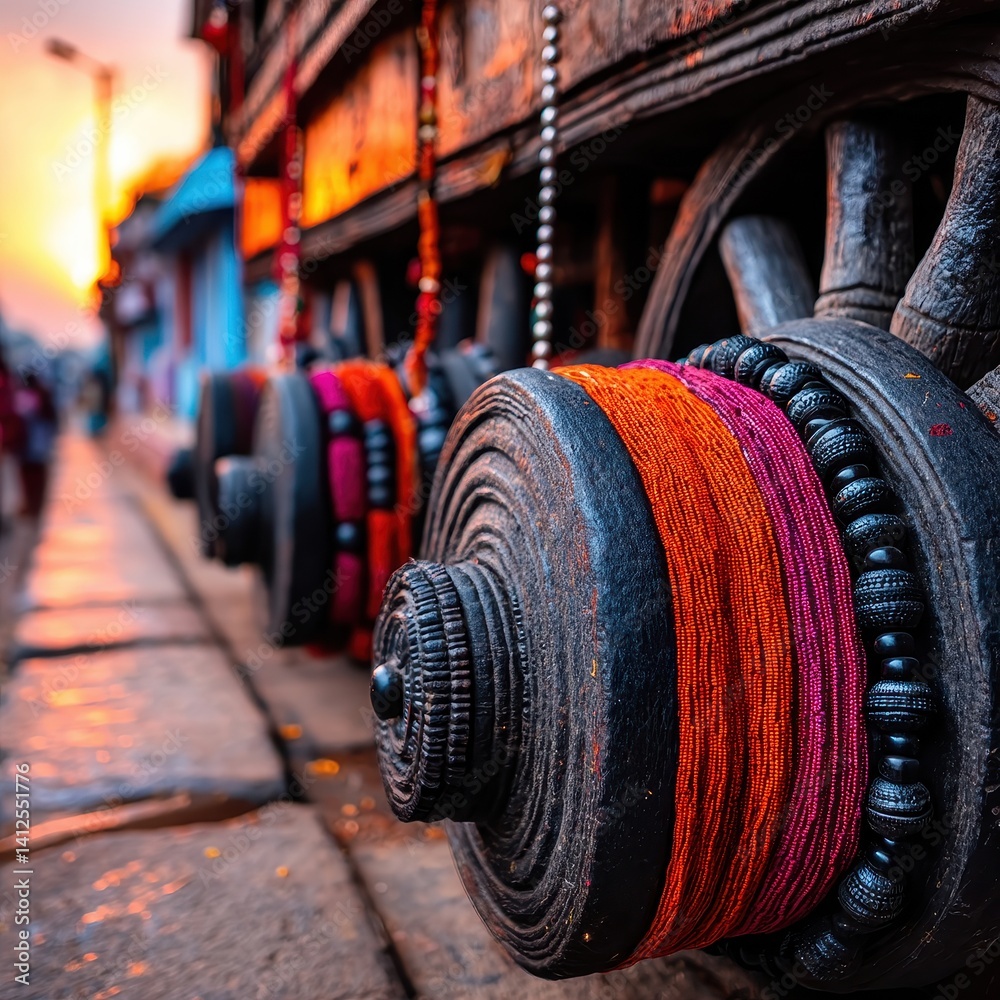 Obraz premium Sacred Rath Yatra: Detailed Close-Up of Ornate Wheels in Vibrant Colors at Dusk, Showcasing Cultural Richness