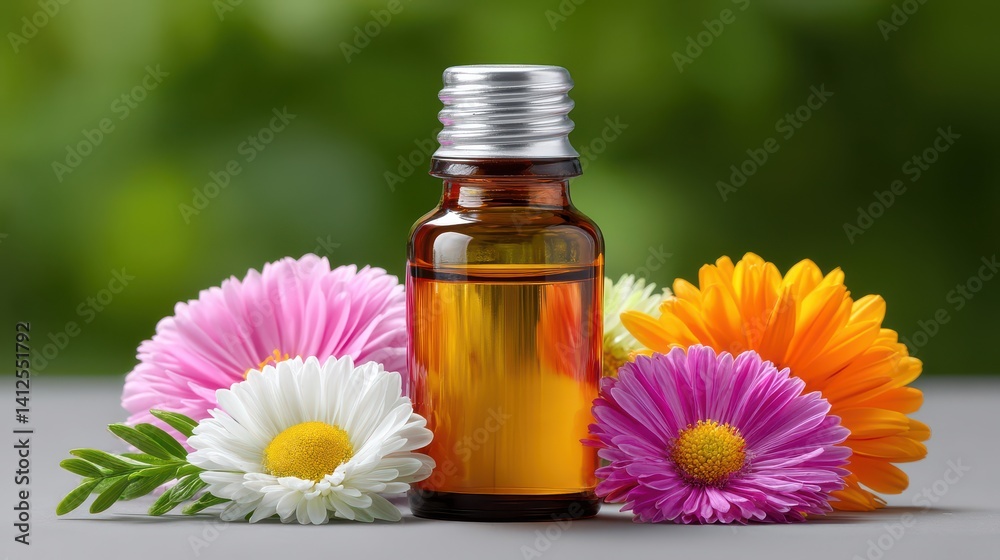 Essential Oil Bottle Surrounded by Colorful Flowers on a Soft Surface Essential Oil Bottle Surrounded by Colorful Flowers on a Soft Surface