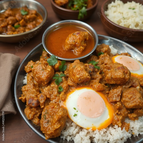 Obraz na płótnie Delicious Indian-style chicken curry served with fluffy white rice and fried eggs garnished with fresh cilantro. w salonie